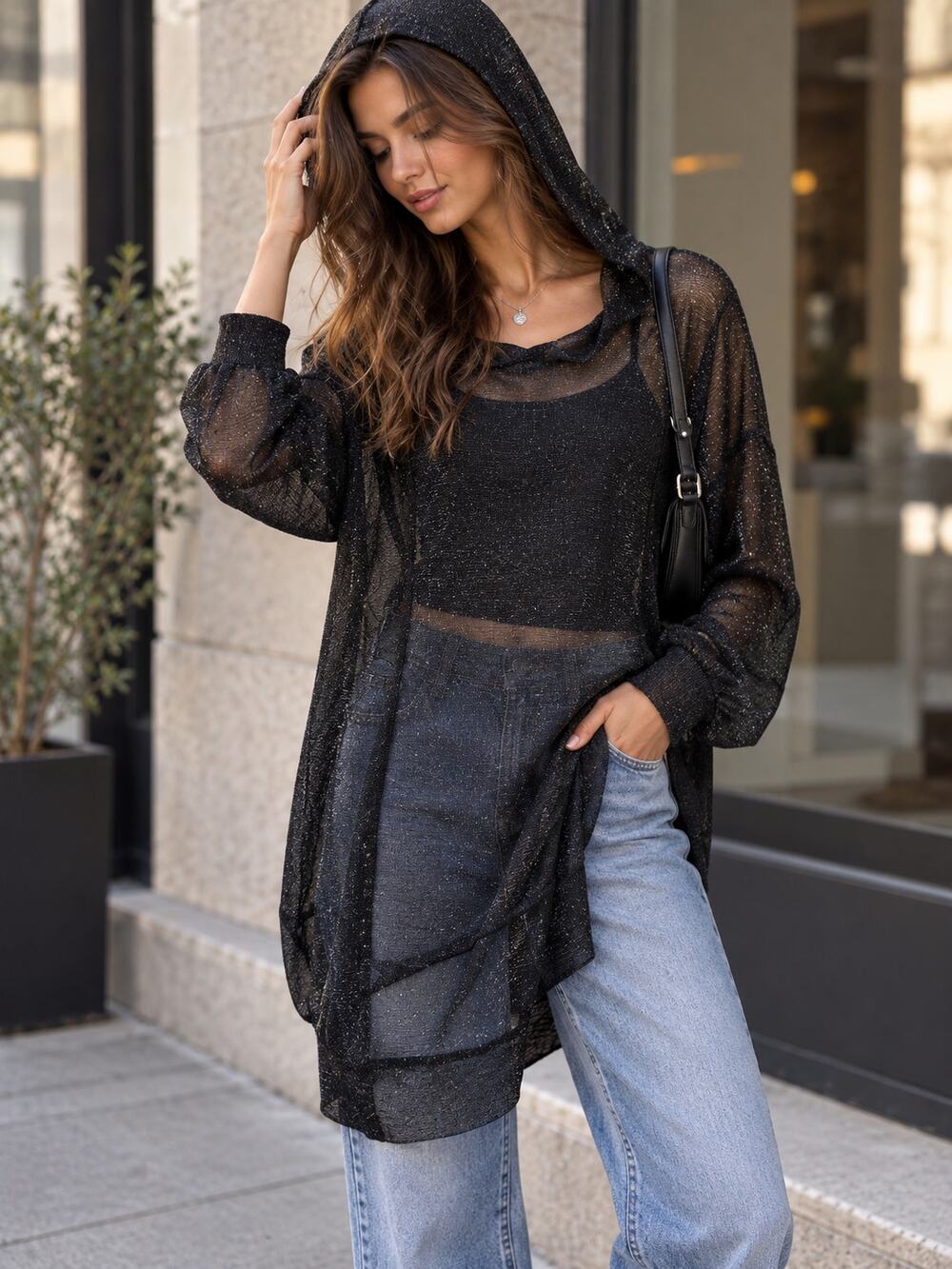 SHEIN Black Metallic Glitter Mesh Hoodie Sheer Sparkly Long Sleeve Top L